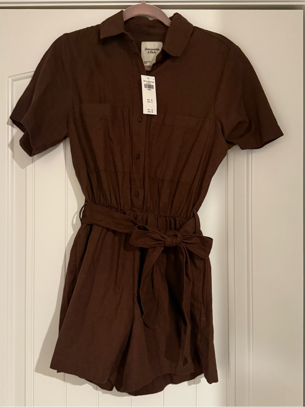 Abercrombie & Fitch Brown Short-Sleeve Button Romper with Tie Belt
